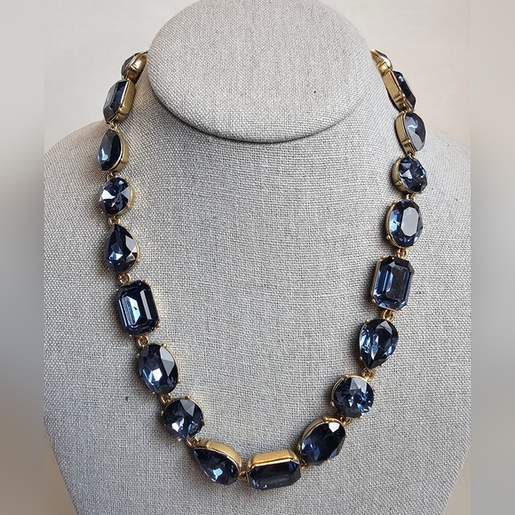 [J. Crew] Blue Crystal Multi Shaped Riviere Gold Toned Statement Necklace - Picture 11 of 16